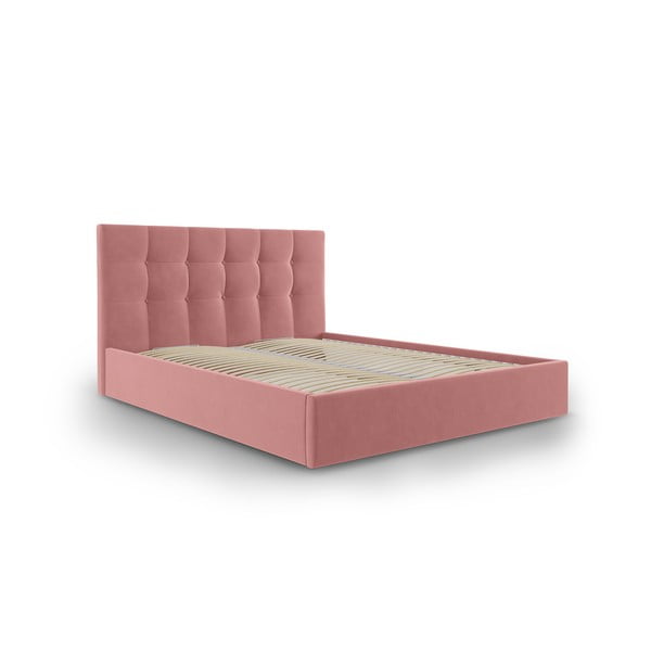 Pat matrimonial 160x200 cm roz tapițat cu spațiu de depozitare cu somieră Nerin – Mazzini Beds