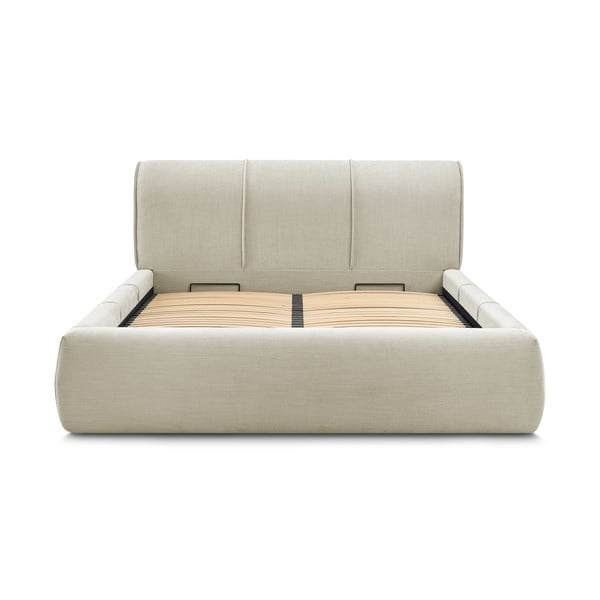Pat matrimonial bej tapițat cu spațiu de depozitare și somieră 160x200 cm Vernon – Bobochic Paris-image-3