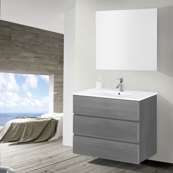 Dulăpior baie cu lavoar și oglindă Nayade, nuanță de gri, 90 cm