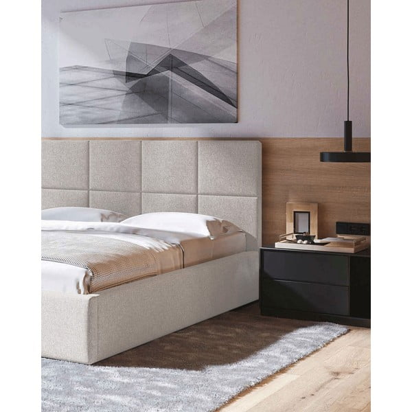 Pat matrimonial bej tapițat cu spațiu de depozitare cu somieră 180x200 cm Bufo – MESONICA-image-1