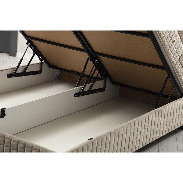 Pat matrimonial bej tapițat cu spațiu de depozitare cu somieră 140x200 cm Safir – Kalune Design-image-1