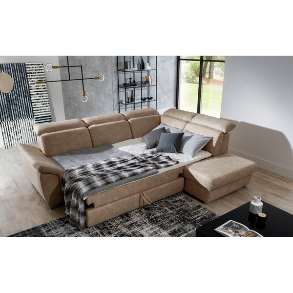 Colțar bej extensibil/cu spațiu de depozitare cu tapițerie din catifea (cu colț pe partea dreaptă/în formă de ”L”) Loreto – ELTAP-image-4