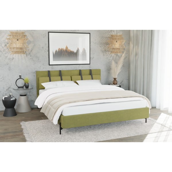 Pat matrimonial verde deschis tapițat cu somieră 200x200 cm Tulsa – Ropez-image-4