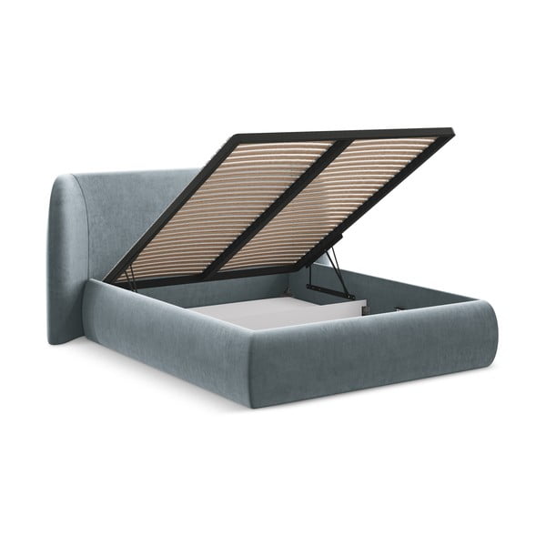 Pat matrimonial albastru deschis tapițat cu spațiu de depozitare cu somieră 160x200 cm Hauke – Makamii-image-3