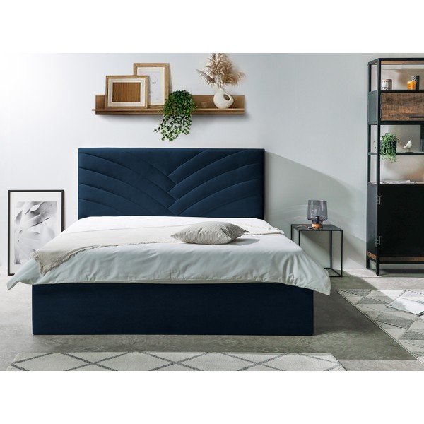 Pat matrimonial 160x200 cm albastru închis tapițat cu spațiu de depozitare cu somieră Palmyre – Bobochic Paris-image-2