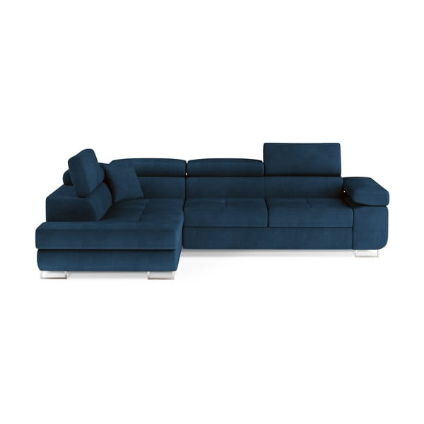 Colțar albastru extensibil/cu spațiu de depozitare cu tapițerie din catifea (cu colț pe partea stângă/în formă de ”L”) Anton – ELTAP