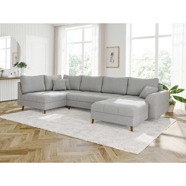 Colțar gri deschis cu tapițerie din catifea reiată  (colț dreapta/în formă de "U") Ariella – Ropez-image-3