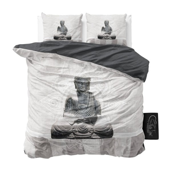 Lenjerie din micropercal Sleeptime Buddha Love, 160 x 220 cm, alb