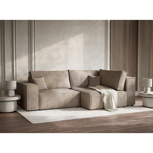 Colțar bej extensibil/cu spațiu de depozitare cu tapițerie din catifea reiată  (cu colț pe partea dreaptă/în formă de ”L”) Tonga – Maison de Rêve-image-4