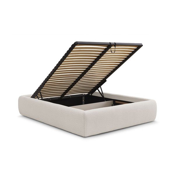 Pat matrimonial alb tapițat cu spațiu de depozitare/fără tăblie cu somieră 160x200 cm Inera – Bobochic Paris-image-3