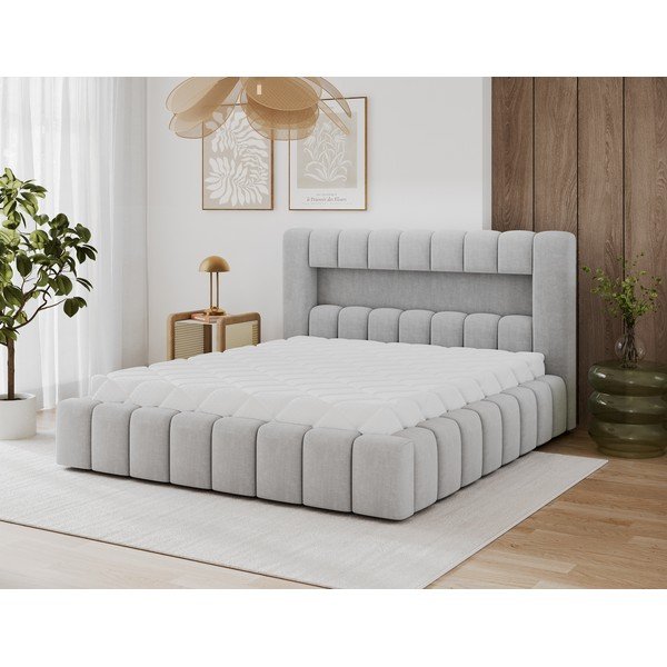 Pat matrimonial gri deschis tapițat cu spațiu de depozitare cu somieră 160x200 cm Lamica – ELTAP-image-1