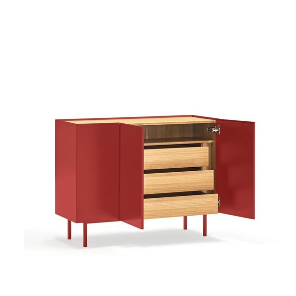 Comodă roșie joasă cu aspect de lemn de stejar 110x85 cm Arista – Teulat-image-4