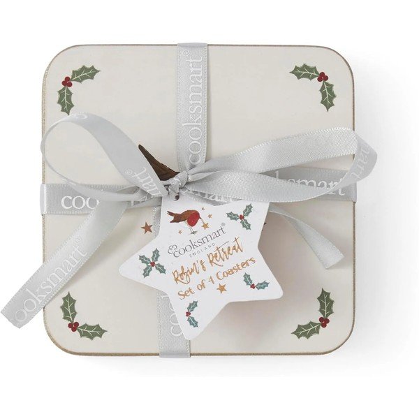 Coasters bej/verde salvie 4 buc.  cu model de Crăciun Robin's Retreat – Cooksmart ®-image-2
