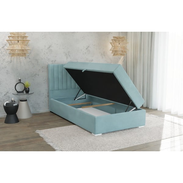 Pat albastru deschis tapițat cu spațiu de depozitare cu somieră 90x200 cm Bunny – Ropez-image-3