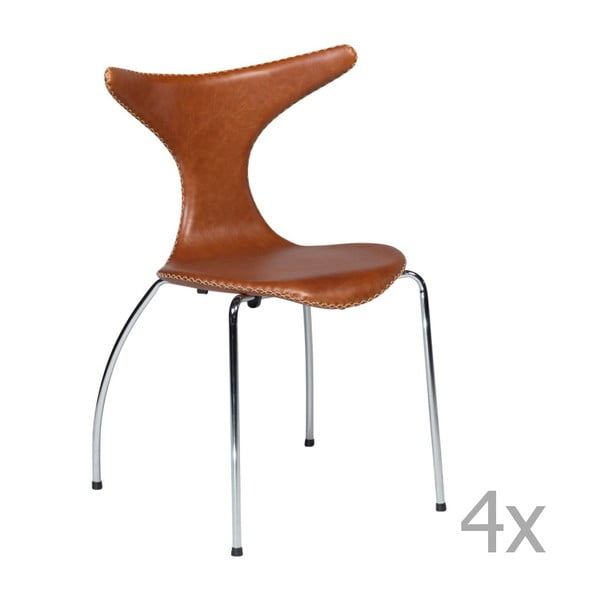 Set 4 scaune din piele cu bază cromată DAN-FORM Dolphin, maro