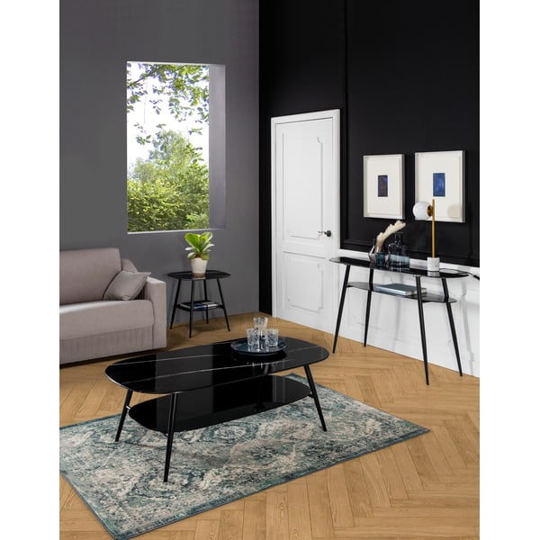 Masă tip consolă cu blat din sticlă în decor de marmură Markeric Alina, negru-image-1