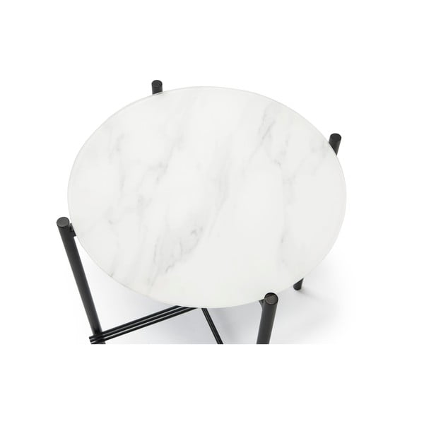 Masuță auxiliară cu blat din sticlă în decor de marmură Marckeric, ø 47 cm, alb-negru-image-3