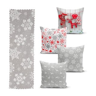 Set 4 fețe de pernă și un napron de masă cu model de Crăciun Minimalist Cushion Covers Snowflakes