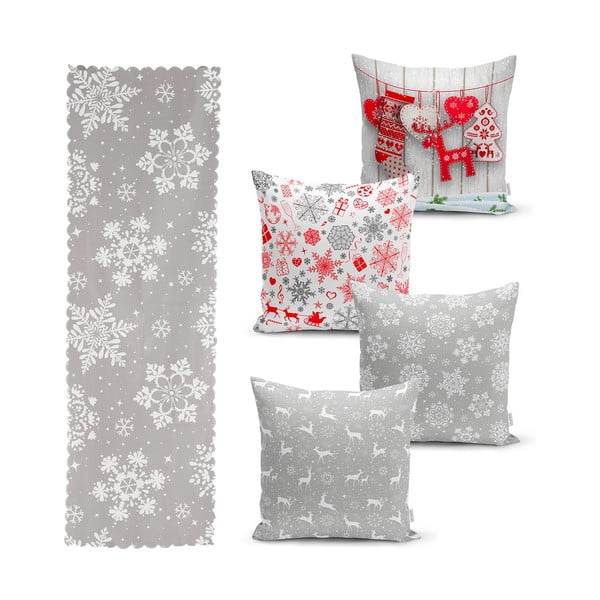 Set 4 fețe de pernă și un napron de masă cu model de Crăciun Minimalist Cushion Covers Snowflakes