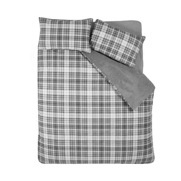 Lenjerie de pat gri din sherpa pentru pat dublu, extinsă 230x220 cm Cosy Sherpa Check – Catherine Lansfield