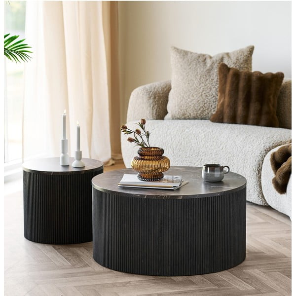 Măsuță de cafea maro închis rotundă cu blat cu aspect de marmură ø 80 cm Rota – House Nordic-image-1