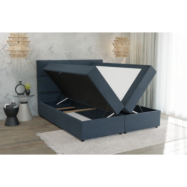Pat boxspring albastru închis cu spațiu de depozitare 180x200 cm Lola – Ropez-image-3
