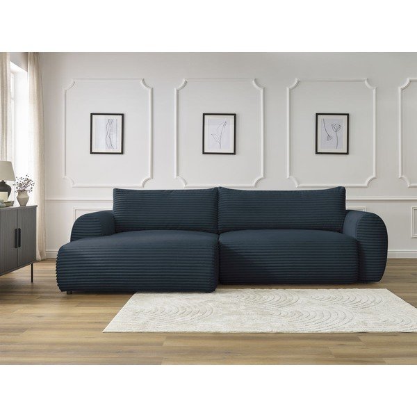 Colțar albastru închis extensibil cu tapițerie din catifea reiată  (cu colț pe partea stângă ) Lucien – Bobochic Paris-image-1