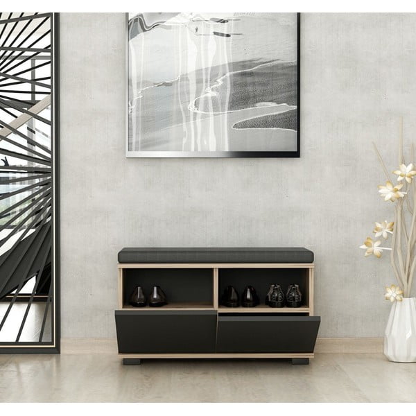 Pantofar negru/în culoare naturală cu bancă cu aspect de lemn de nuc Drago – Kalune Design-image-4