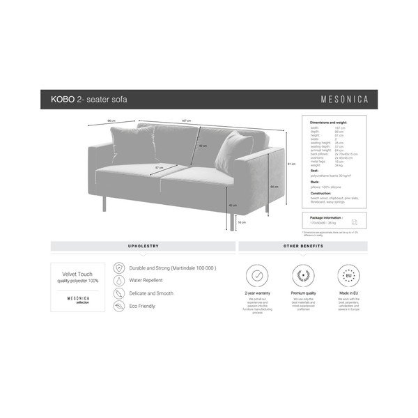 Canapea albastră cu tapițerie din catifea 167 cm Kobo – MESONICA-image-4
