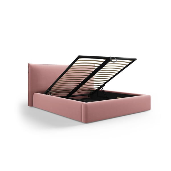 Pat matrimonial roz tapițat cu spațiu de depozitare cu somieră 180x200 cm Elio – Milo Casa-image-2