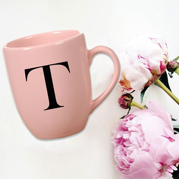 Cană din ceramică Vivas Letter T, 330 ml, roz