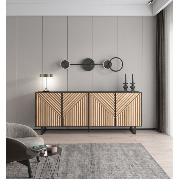 Comodă neagră/în culoare naturală cu aspect de lemn de stejar 201x80x40 cm Alana – Marckeric-image-1