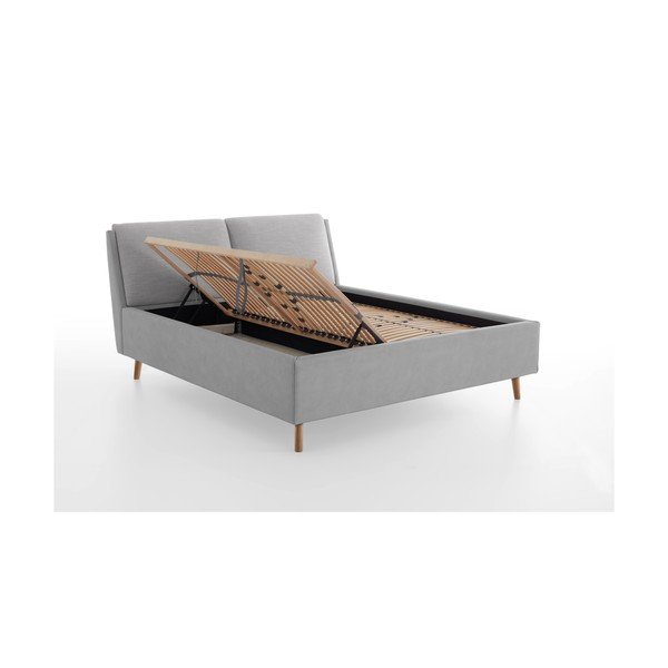 Pat matrimonial gri deschis tapițat cu spațiu de depozitare cu somieră 160x200 cm Valetta – Meise Möbel-image-2
