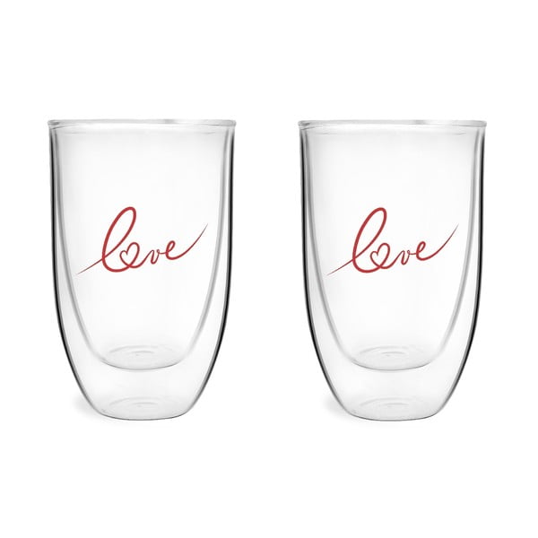 Set 2 pahare din sticlă dublă cu model Vialli design Love, 350 ml