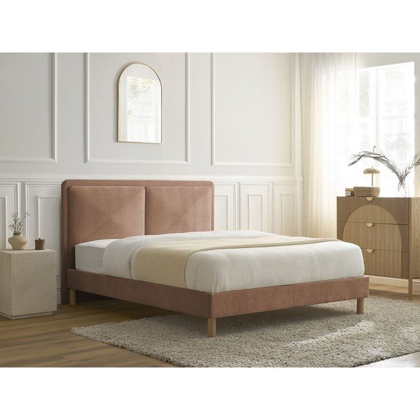 Pat matrimonial roz prăfuit tapițat tapițat cu somieră 140x190 cm Mara – Bobochic Paris-image-1