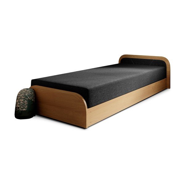 Pat galben ocru/gri închis tapițat/din  placă aglomerată de lemn cu spațiu de depozitare cu saltea 80x190 cm Parys – ELTAP