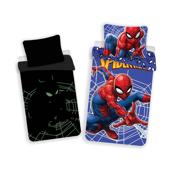 Lenjerie de pat fosforescentă pentru copii roșie-albastră din bumbac pentru pat de o persoană 140x200 cm Spider-man – Jerry Fabrics