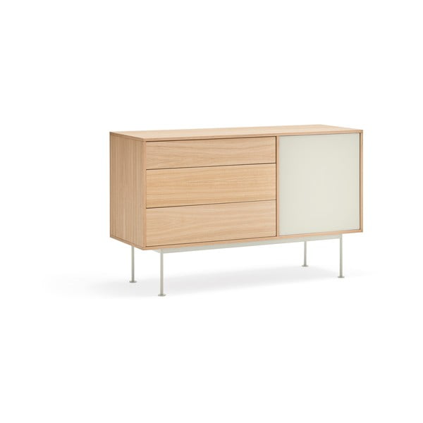 Comodă cu aspect de lemn de stejar Teulat Yoko, lățime 128 cm, alb-crem-image-2