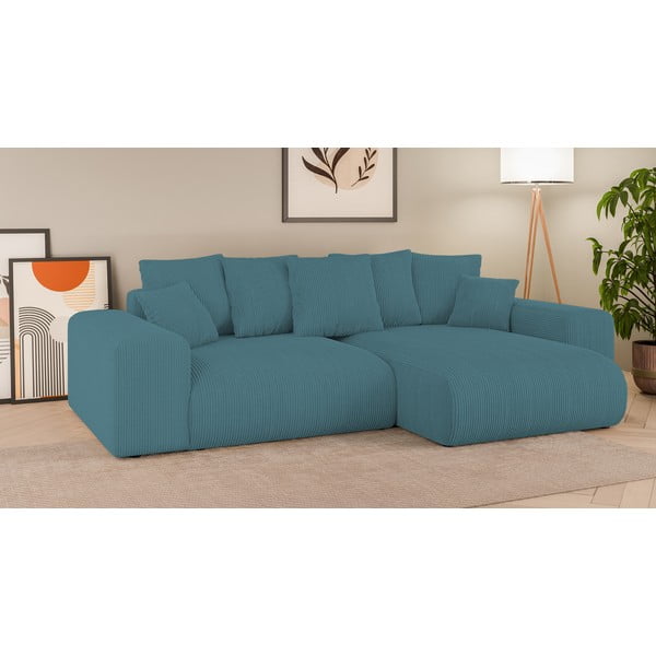 Colțar turcoaz extensibil, cu spațiu de depozitare, cu tapițerie din catifea reiată Luma – Ropez-image-1