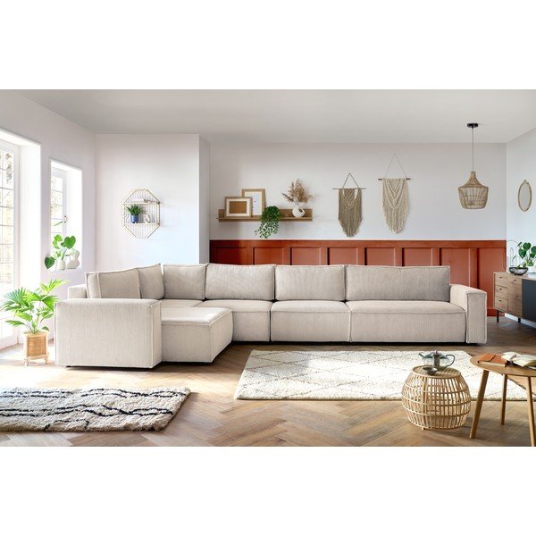 Colțar crem cu tapițerie din catifea reiată  (cu colț pe partea stângă ) Nihad modular – Bobochic Paris-image-1