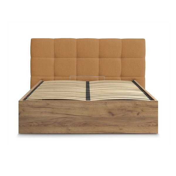 Pat matrimonial galben ocru tapițat/din  placă aglomerată de lemn tapițat cu spațiu de depozitare cu somieră 160x200 cm Kumo – Bobochic Paris