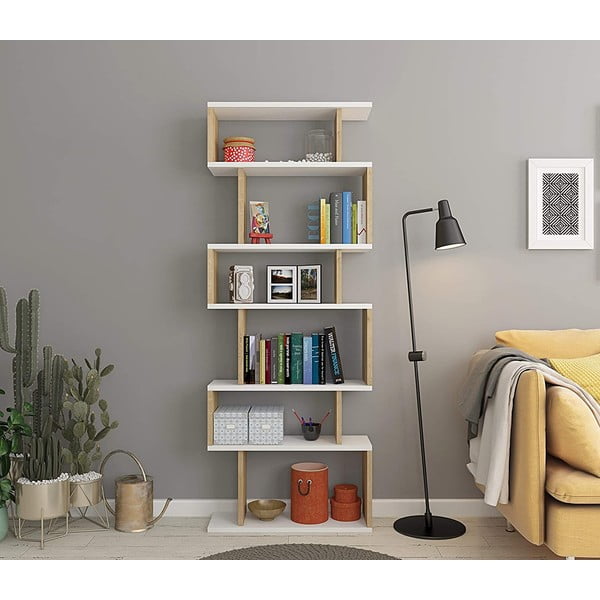Bibliotecă albă/în culoare naturală cu aspect de lemn de stejar 60x160 cm Bates – Kalune Design-image-1