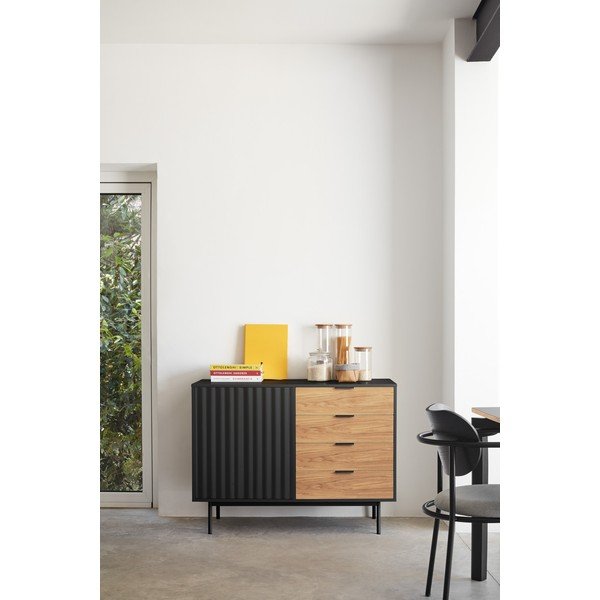 Comodă neagră/în culoare naturală joasă cu aspect de lemn de stejar 108x80 cm Sierra – Teulat-image-1