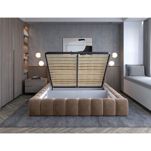 Pat matrimonial maro deschis tapițat cu spațiu de depozitare cu somieră 180x200 cm Lamica – ELTAP-image-2