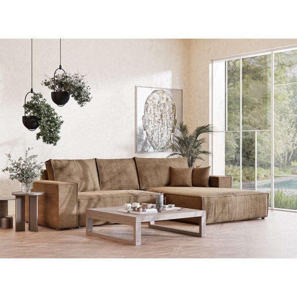 Colțar maro deschis extensibil/cu spațiu de depozitare cu tapițerie din chenille (cu colț pe partea dreaptă/cu șezlong) Maze – Maison de Rêve-image-1