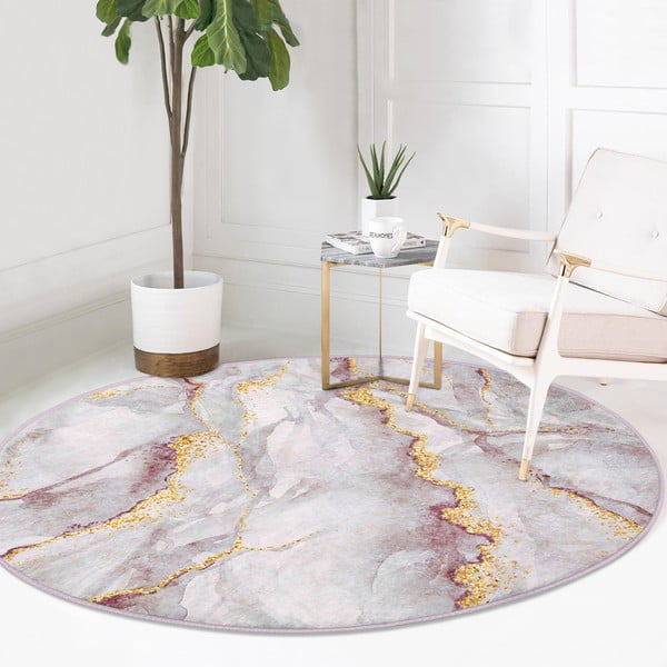 Covor roz deschis/auriu lavabil rotund ø 100 cm Marble – Mila Home-image-2