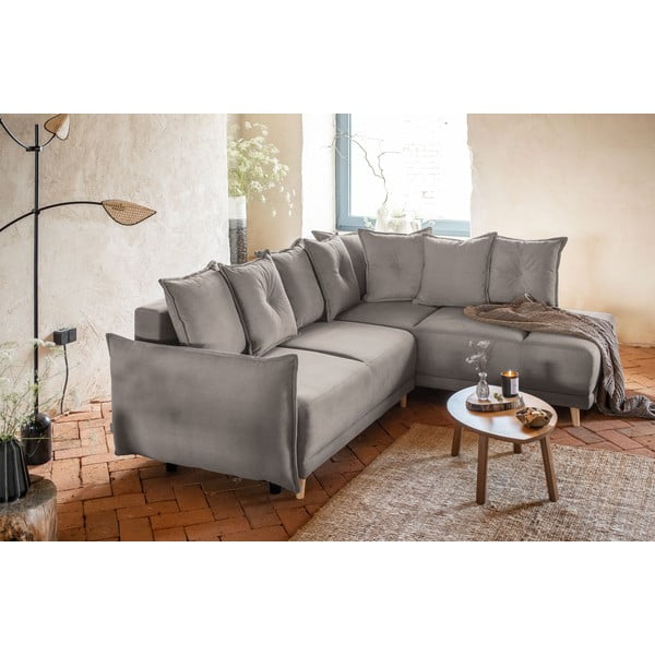 Colțar maro deschis extensibil cu tapițerie din catifea reiată  (colț dreapta) Lazy Lukka – Miuform-image-1