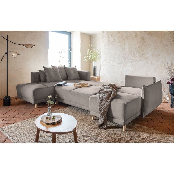 Colțar maro deschis extensibil cu tapițerie din catifea reiată  (colț stânga/în formă de "U") Lazy Lukka – Miuform-image-1