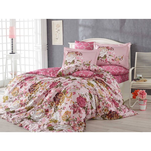 Lenjerie de pat cu cearșaf din bumbac satinat pentru pat dublu Rosanna Pink, 200 x 220 cm