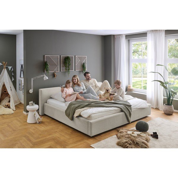 Pat matrimonial bej tapițat cu spațiu de depozitare cu somieră 200x240 cm Cube – Meise Möbel-image-3